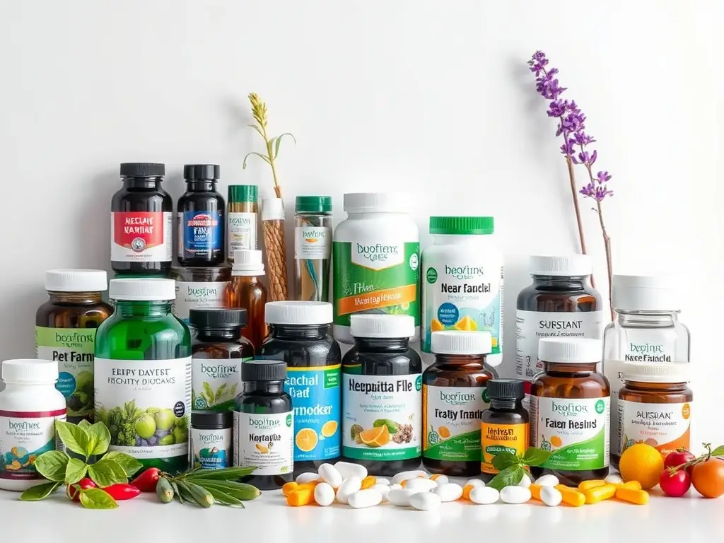 An array of colorful dietary supplements and cosmetics displayed artistically.