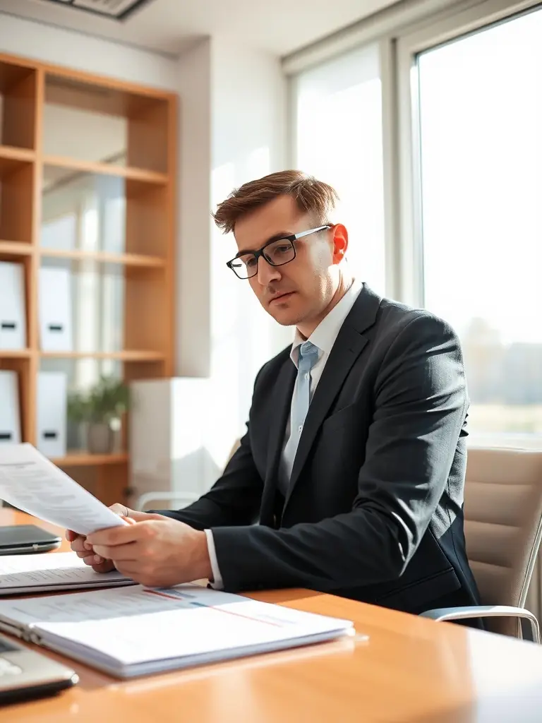 A professional consultant reviewing regulatory documents in an office setting.