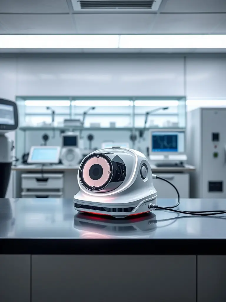 A futuristic medical device prototype on a lab bench.