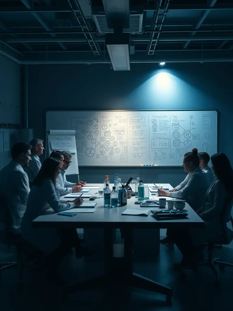 A research and development team collaborating on innovative solutions in a dimly lit room.