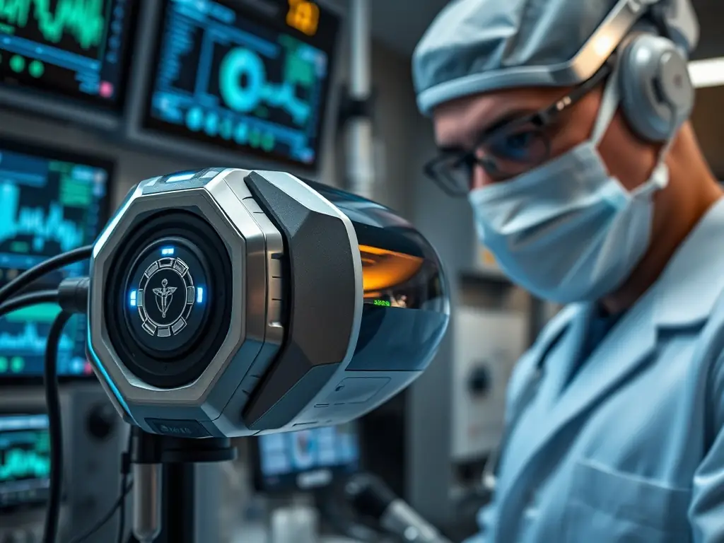 A close-up of a futuristic medical device prototype being tested.