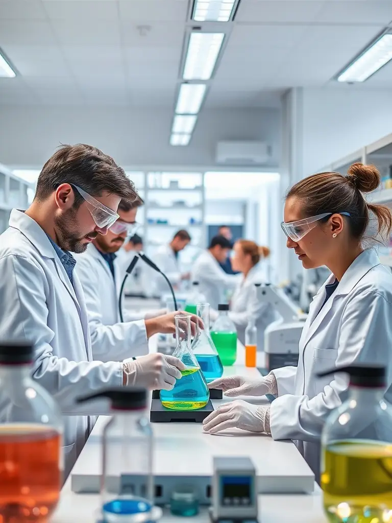 Researchers conducting experiments in a bright laboratory.